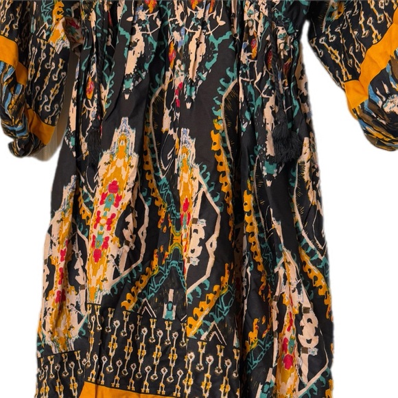Boho Midi Dress Mixed Print Mustard Trim Elastic Waist Cassees Size M NWT Rayon - Picture 3 of 6